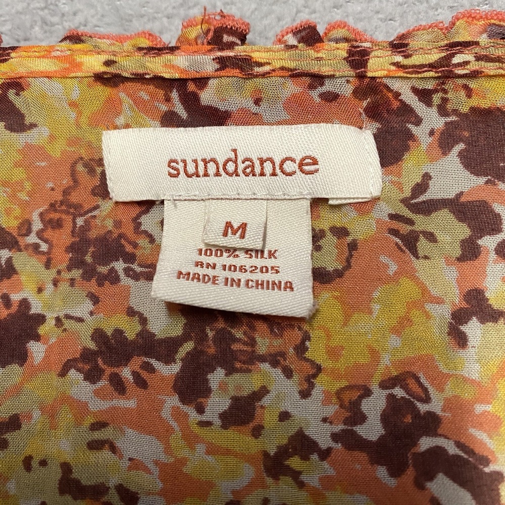 Sundance Silk Blouse Medium Floral Print Sheer Lightweight Ruffle Lace Trim Boho - Picture 2 of 5